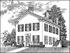 ink drawing of Franklin Township Hall, in historic downtown kent ohio -- home to kent state university and davey tree expert company